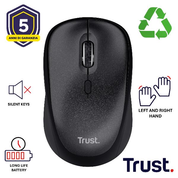 MOUSE WIRELESS SILENZIOSO - 1600DPI - PLASTICA RICICLATA 83% - DURATA BATTERIA 12 MESI - TRUST